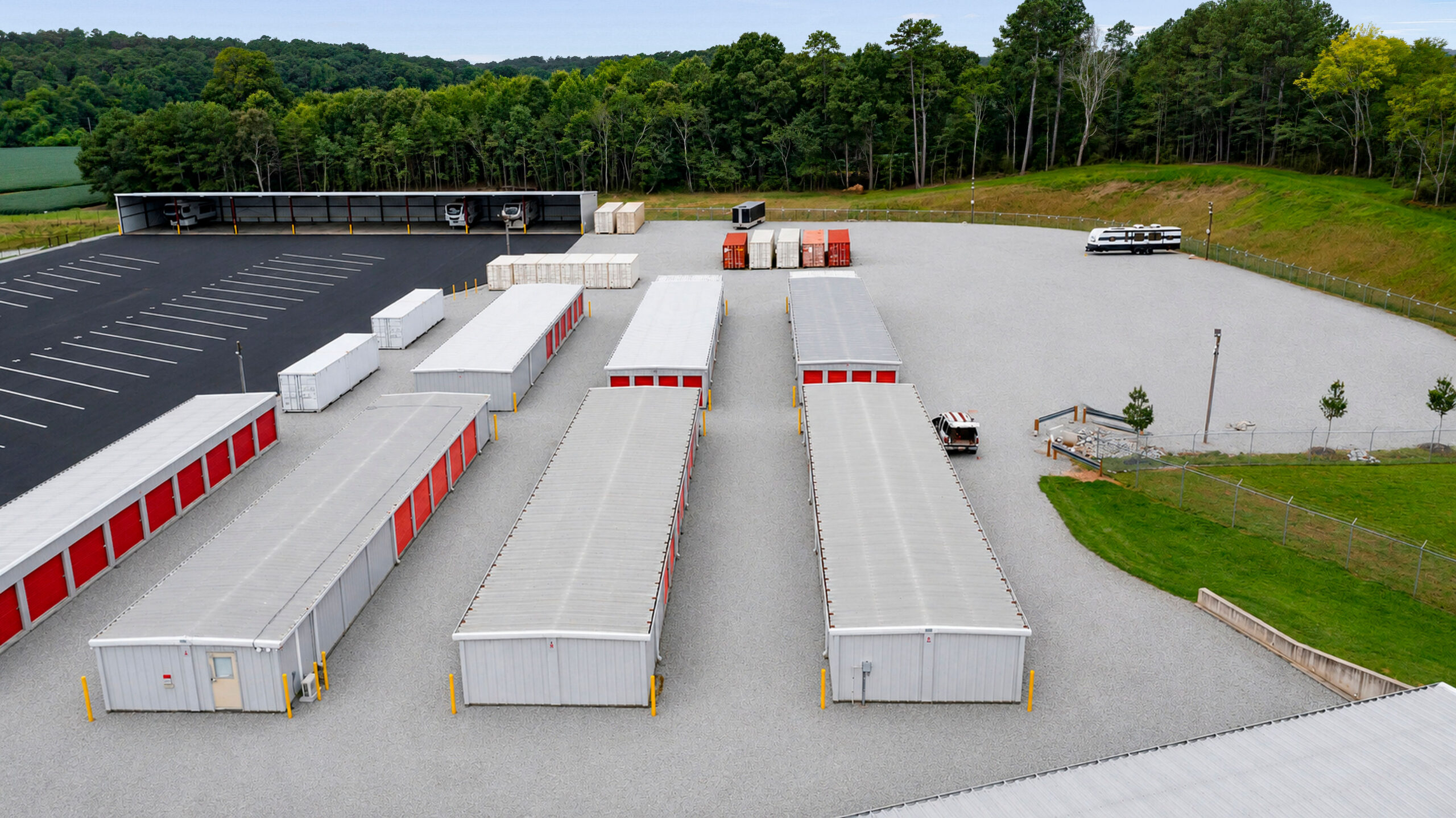 Aerial view of drive-up storage buildings and covered RV parking