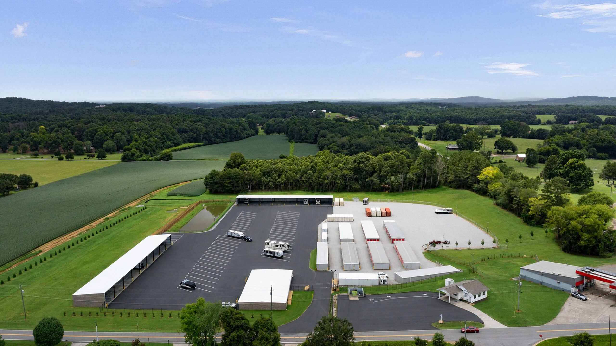 Aerial view of Sugar Valley Storage surrounded by Cartersville countryside