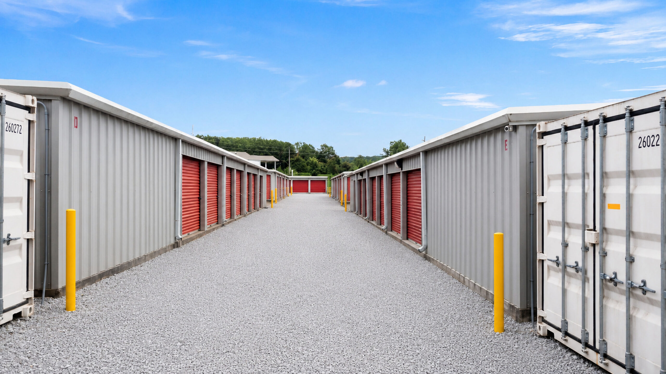 Drive-up storage units with red roll-up doors lining a gravel driveway at Sugar Valley Storage in Cartersville, Georgia